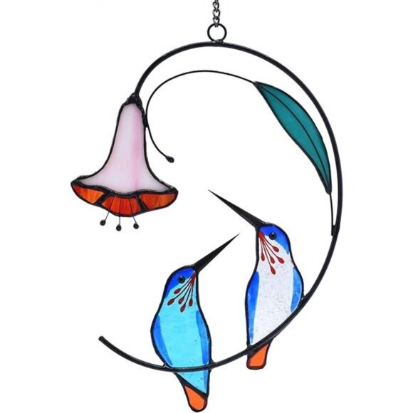 Hummingbird with Flower Stained Glass Suncatcher Bird Stained - Picture 7 of 7
